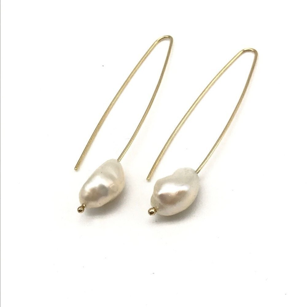 14k Yellow Gold 13MM Baroque Pearl Hook Drop Earrings 2" - Picture 4 of 8